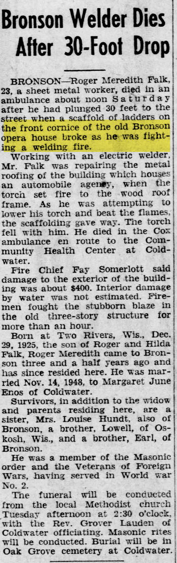 Bronson Opera House - Aug 1949 Accident